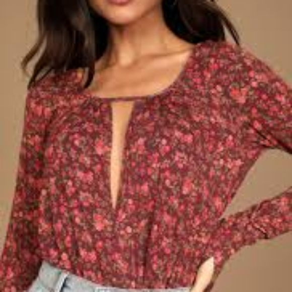 Free People Bodysuit Chocolate Combo Floral Kaya Long Sleeve Bodysuit Size XL - Picture 2 of 14